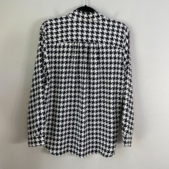 Ann Taylor Womens Medium Houndstooth Camp Shirt Blouse Black White Top - Picture 12 of 13